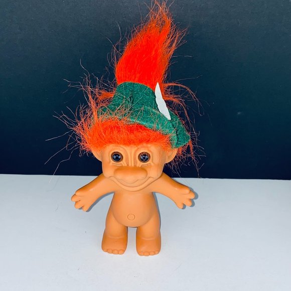 Russ Troll Droll Orange Hair Green Feathered Hat Pretend Play Toy Figure - Picture 1 of 4